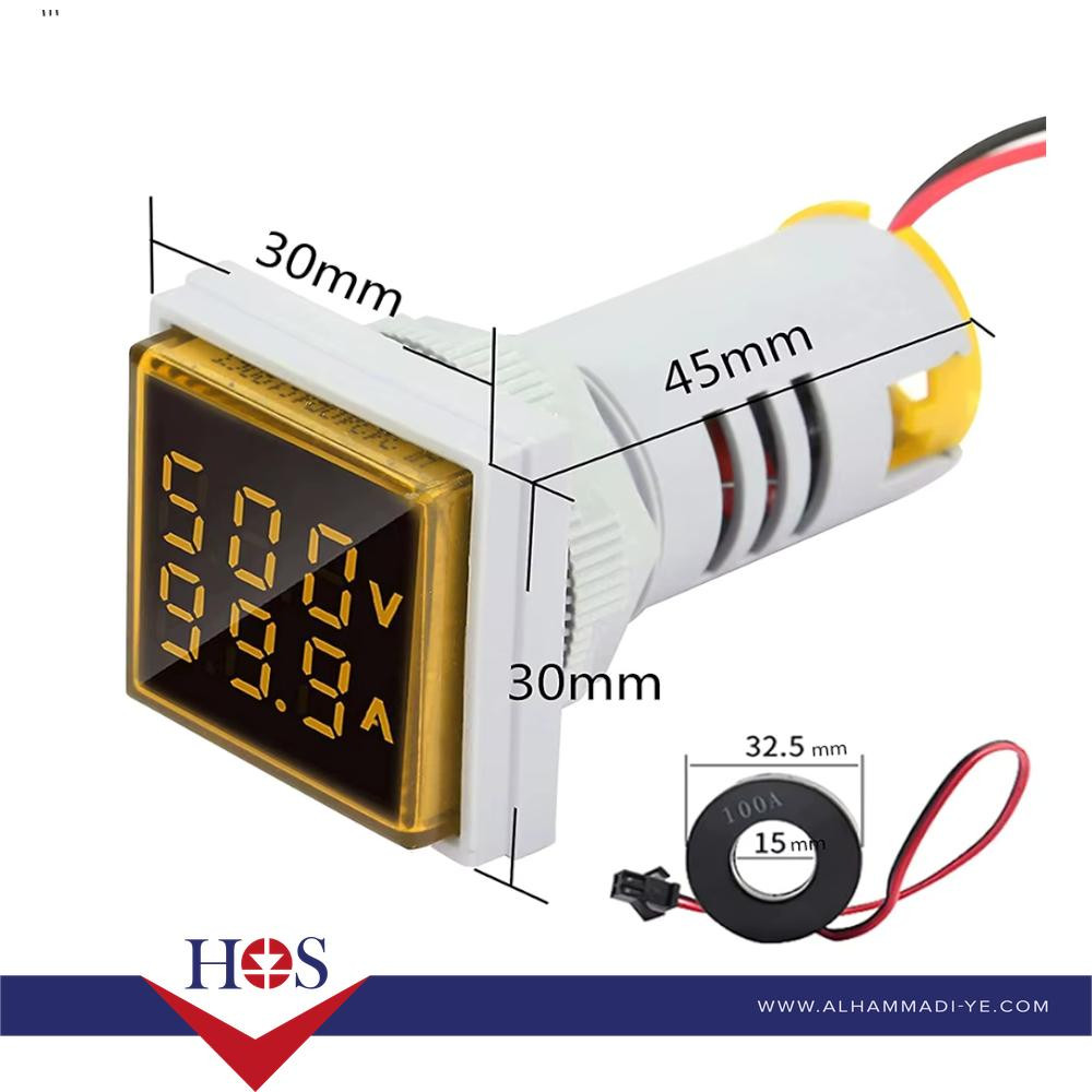 Yellow AC50-500V 0-100A 0-100Hz 22mm AD16-22AVHz Square Cover LED Voltage Current Hertz Three Display Indicator Light with Transformer مقياس فولت وامبير وتردد اصفر